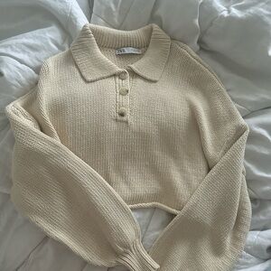 Zara Beige Cropped Knit Polo